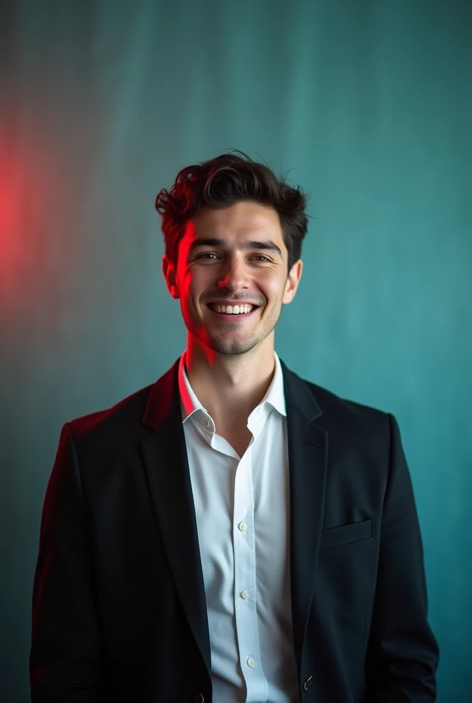 A young man with short dark curly hair and a confident smile he is dressed in a black blazer over a white shirt the men is positioned against aqua colour black drop with a subtile red lighting on the left side and he positioning for LinkedIn.