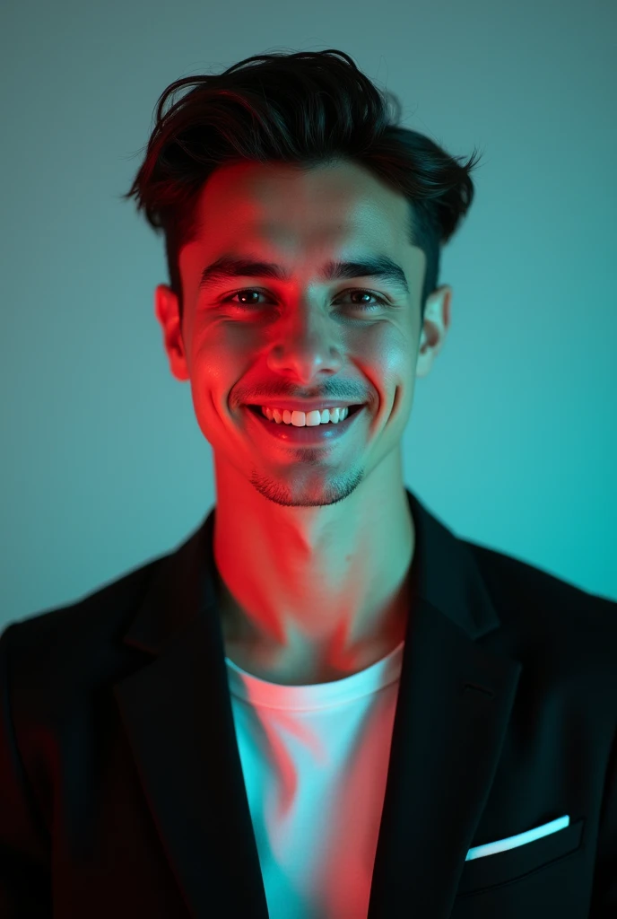 A young Man With Dark hair and a confident smile He is Dressed in a black blazer over a white shirt The man is positioned against aqua colour backdrop with a subtle red lighting on the left side and he posing for Linkedin profile
