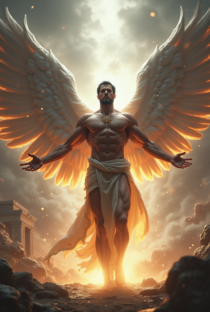 Man with the body of a Greek god, summoning magic, with wings, with a majestic background, ritual, energy, mystic