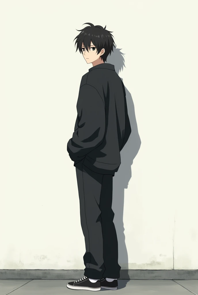 The image is in the style of a Ghibli studio anime., although somewhat gloomy and adult, A 20-year-old man appears in it. He is standing in front of a white wall, He is seen almost turned on his back, He has medium-long hair and black eyes.. He appears serious and calculating.. you wore an oversized black sweater and black pants. She also wears completely black sneakers with no details and black laces..