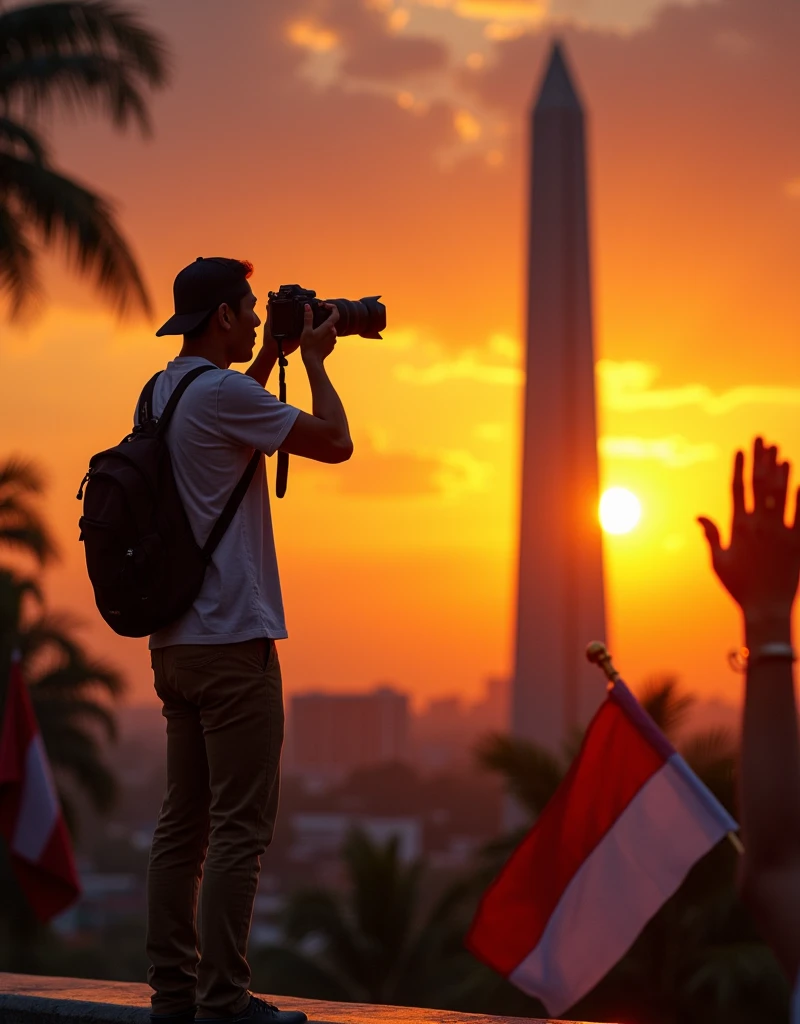 realistic, sunset, monas photography at sunset, with hands waving the Indonesian flag