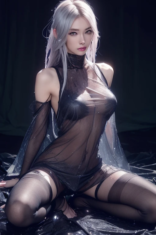 (((Anatomically correct)))、((Soaked clothes:1.8))、(It gets wet and sticks to the skin　See-through clothing:1.8)、(Camera angle from the side)、High-quality work，Realistic works，Super premium graphics，8K HD CG works，high quality graphics，High-definition and exquisite CG works，10x pixels，Ultra-fine details：1.1，Advanced technical details：1.1Realistic photo effects，Interior lighting effects：1.5，natural soft light：1.5. Light effect（Virtual light effects：1.8），Ultra-high resolution，shining dress，Cang，((Dreadlocks))、(silver hair)，transparenthair，high detailed hair（Quality hair details：1.1）Clear eyes，Double eyelids look good，Sharp eye makeup, Create exquisite eyelash makeup, tthin eyebrows, Ultra-detailed eyes，a tall nose, lovely red lips, rosey cheeks, With delicate makeup on her face , pretty face, The face shape is perfectly proportioned,（Advanced facial details：1.1）"((Hyper-realistic)) cyborg, Sorayama-esque, ((glossy chrome body)), ((translucent glass limbs)), leather outfit, ((girl with attitude)), dynamic lighting, intricate reflections, ((edgy cyberpunk atmosphere)).，Women's artwork，Dress full body video，Reality，Amazing Cleavage，My eyes are very bri、((Random　Hairstyle))、(Side Tail)、((Random　Camera angle))、(Camera angle from above)、hair accessory、Amethyst hair accessory、((Red and silver gradient hair))、(Whole body shot)、Tattoo on shoulder、(5 denier shiny black stockings)
(Lying down)、((Extend your arms towards the viewer))、(Bun Hair)、((She is photographed from below while standing with her legs apart.))、((Protruding nipples))、(Cleavage Emphasis)、(((Ripped clothes and stockings)))、(Panty shot)、Rib Emphasis