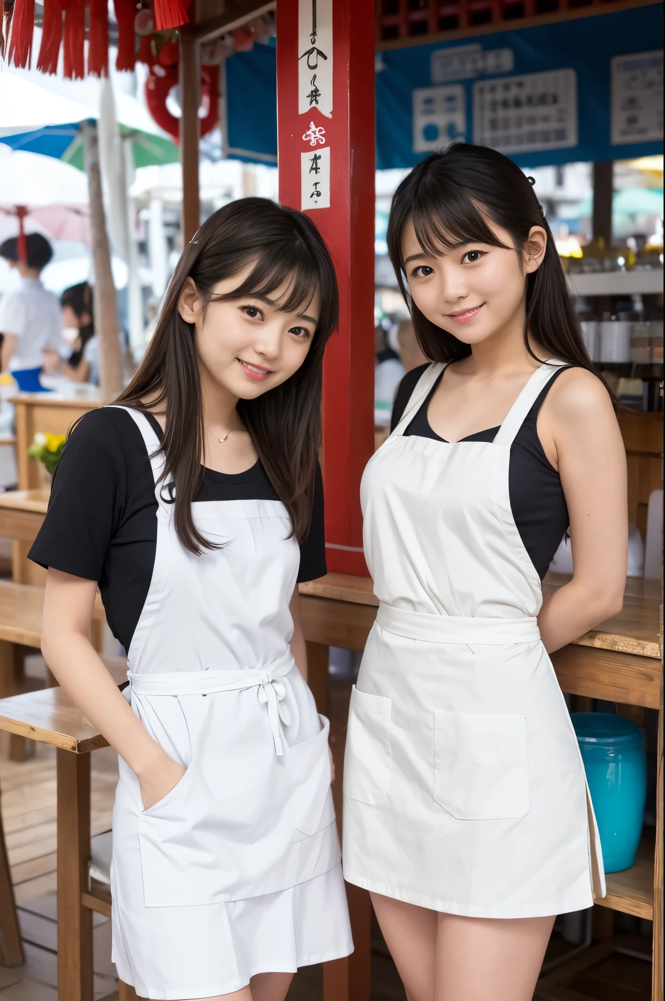 Two girls (2, Japanese cute face) are wearing white apron, mini skirt at the beach bar