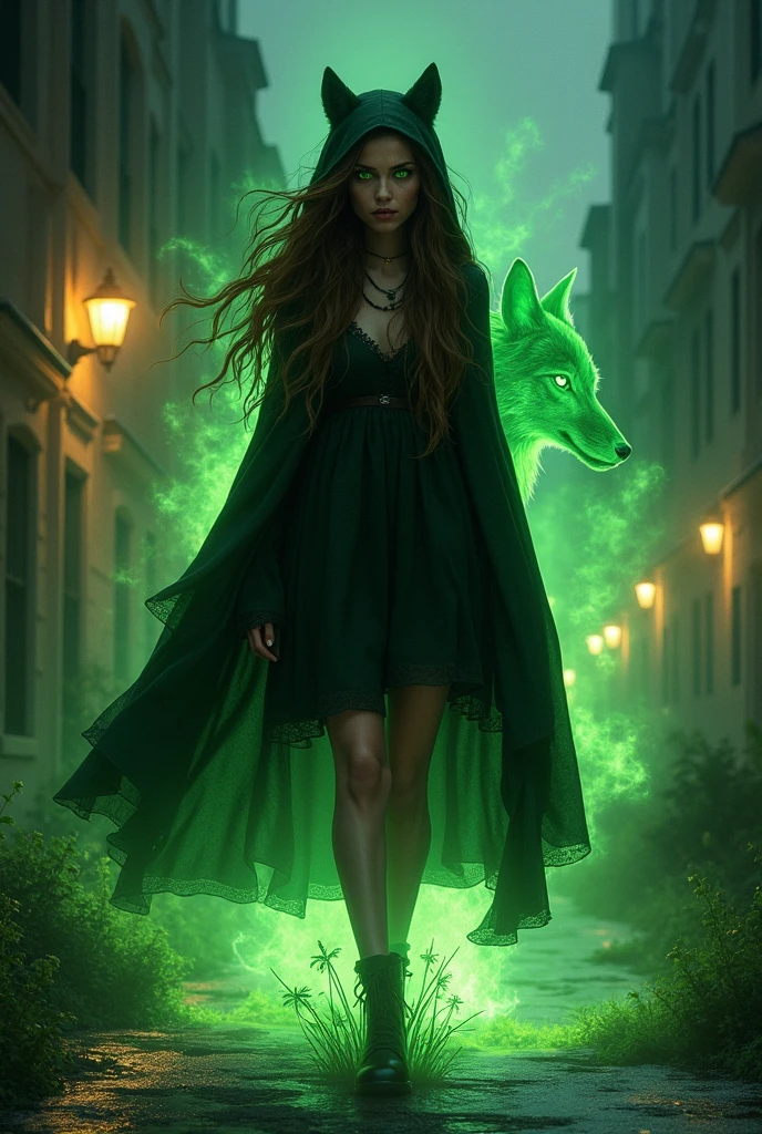 Wolf woman with green eyes and long, unruly brown hair,  wears a simple knee-length dress and a black hooded cape.. She walks through the city at night, Wherever she steps, plants grow that highlight the concrete,  the woman emanates a green spiritual energy in the shape of a wolf