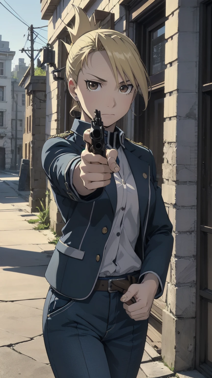 masterpiece, highest quality, High resolution, One girl, Hamriz, Folded ponytail, Brown eyes, Medium chest, uniform, Blue jacket, Blue pants, Are standing, Cowboy Shot, Outdoor, View your viewers,Holding a gun, Pistol Browning M1910, ((Grab a gun)), masterpiece, Detailed Shadows, Detailed light, Very detailed,((Pointing a gun at the viewer)),Possession of a gun, 