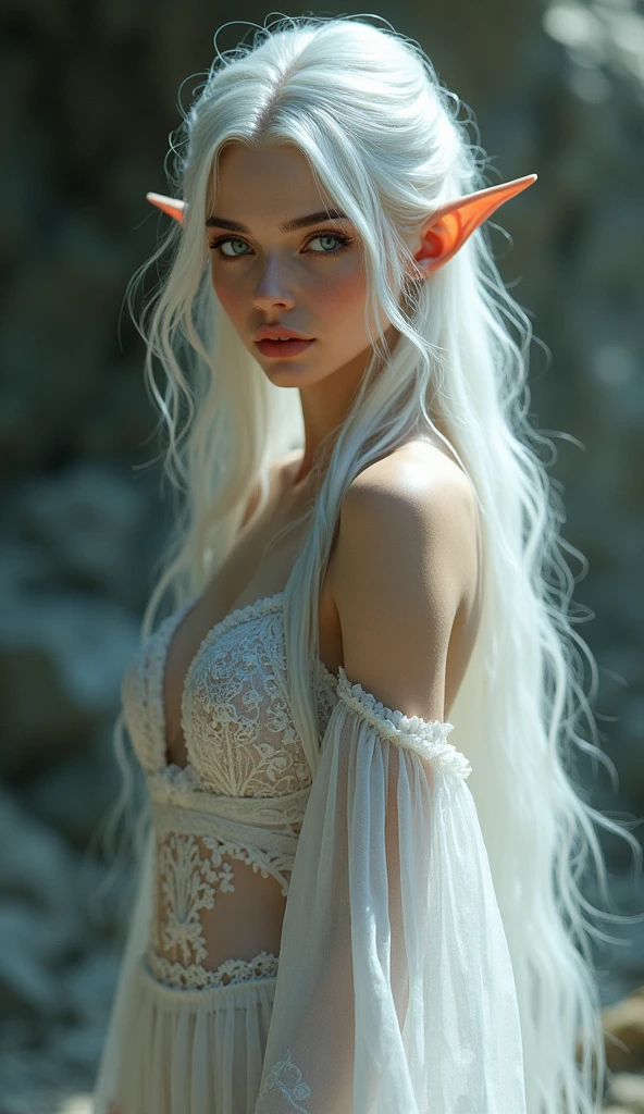 elf woman, white hair, slim waist, very detailed full body, very realistic.hot