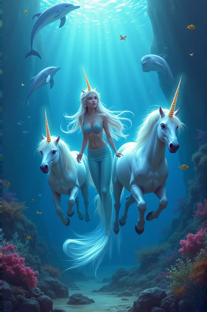 dolphins , with mermaid and unicorns under the sea