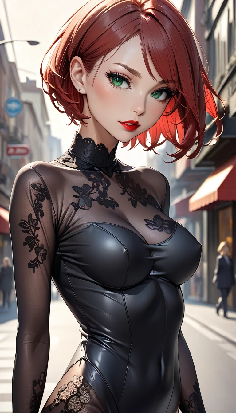 beautiful woman, ((caucasian skin)), red hair, short hair, confident, ((streets)), red lipstick, lace catsuit, green eyes, walking, portrait, slender body, seductive, medium size breasts, slim ling legs body (Nude:1.0)