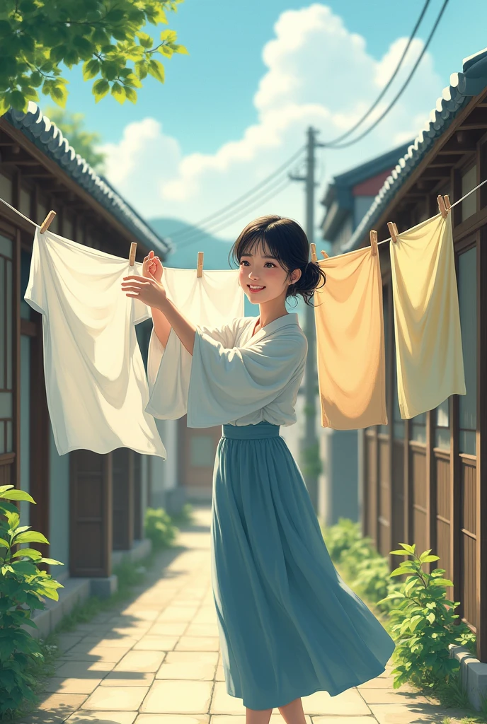Smiling Japanese beauty hanging out laundry