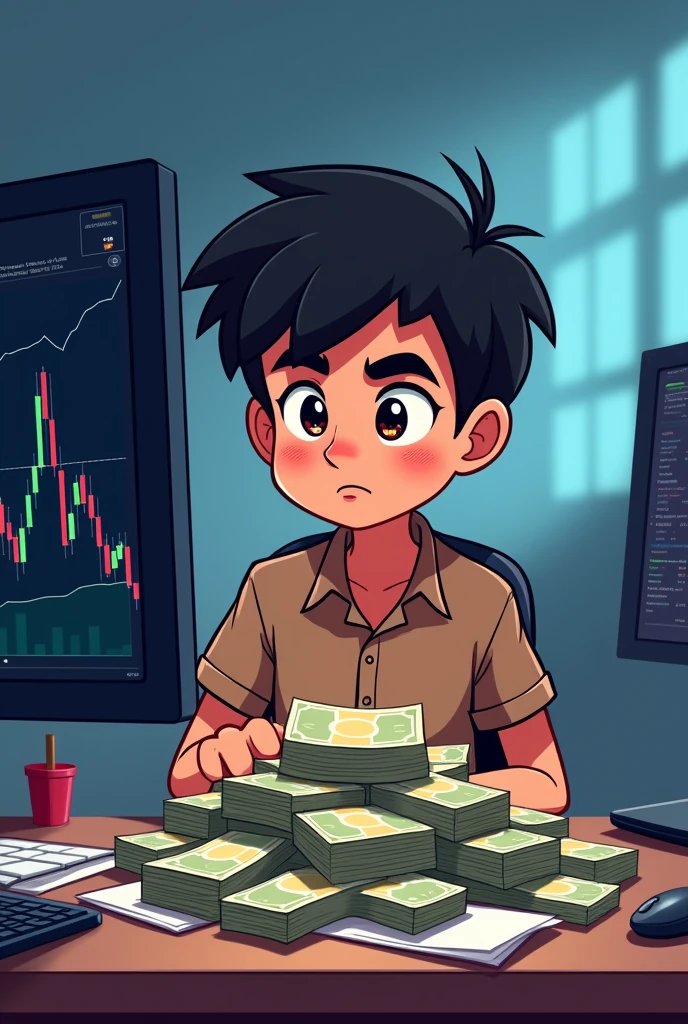 Thai cartoon  boy trader on computer screen with graph on pile of money
