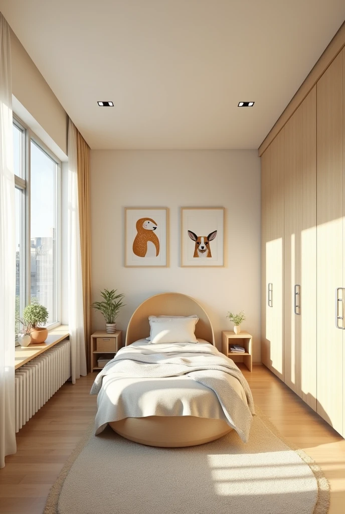 Professional 3d architecture rendering design of modern and light moss and so light Thunder and light orange and cream and wooden Modern and minimal design for chid bedroom and light cream carpet with animals painting and white painting wall and light wooden closet with animals painting and modern ceiling lighting and modern curtains for chid room and the child large bed similar globe and safety chair for chid