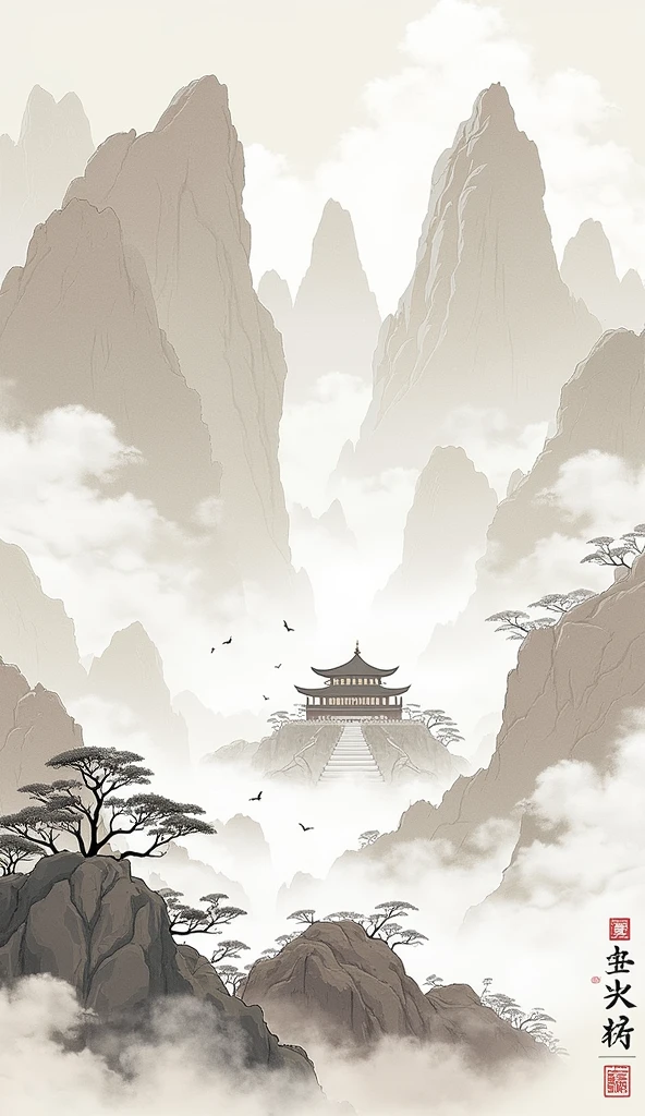Chinese style,Mountain,cloud,pavilion,Ink Painting,Elegant,Magnificent momentum,Leave white space in the middle of the screen,element
