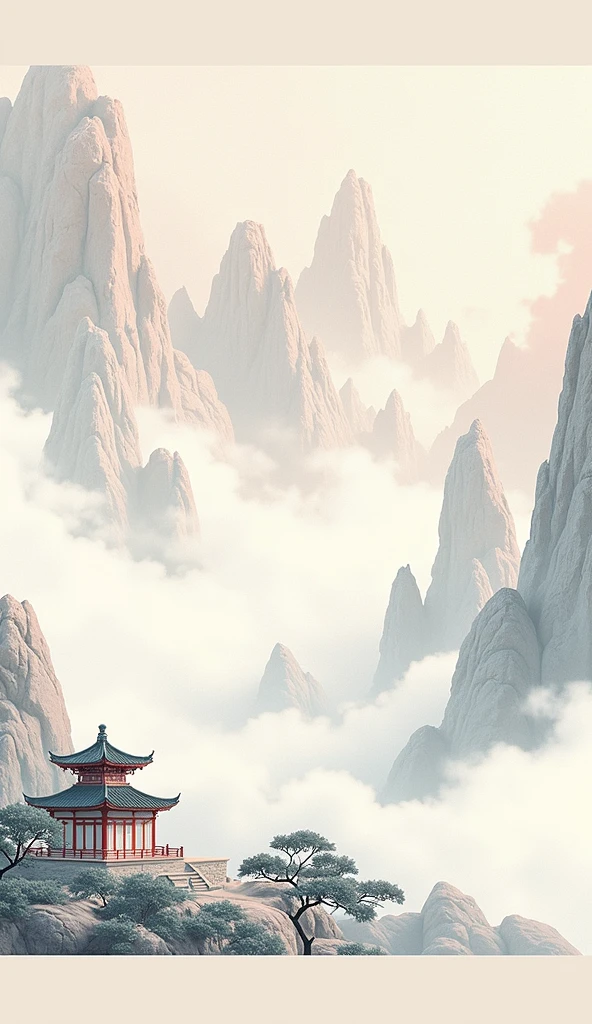 Chinese style,Mountain,cloud,pavilion,Ink Painting,Elegant,Magnificent momentum,Leave white space in the middle of the screen,element