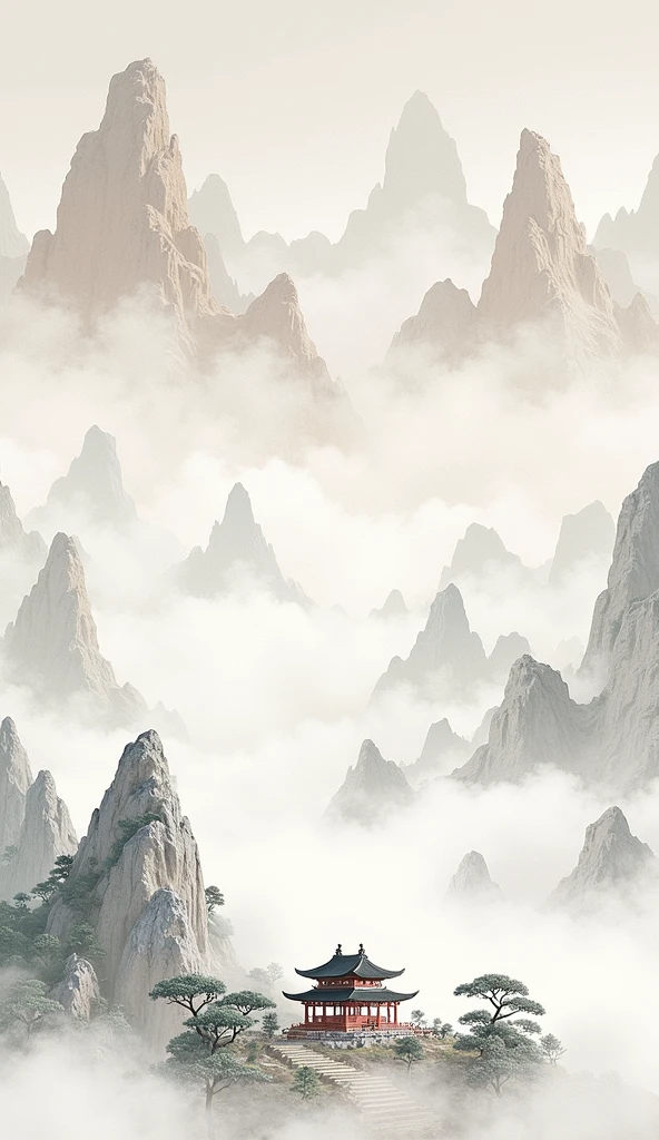 Chinese style，Mountain，cloud，pavilion，Ink Painting，Elegant，Magnificent momentum，Leave white space in the middle of the screen，element