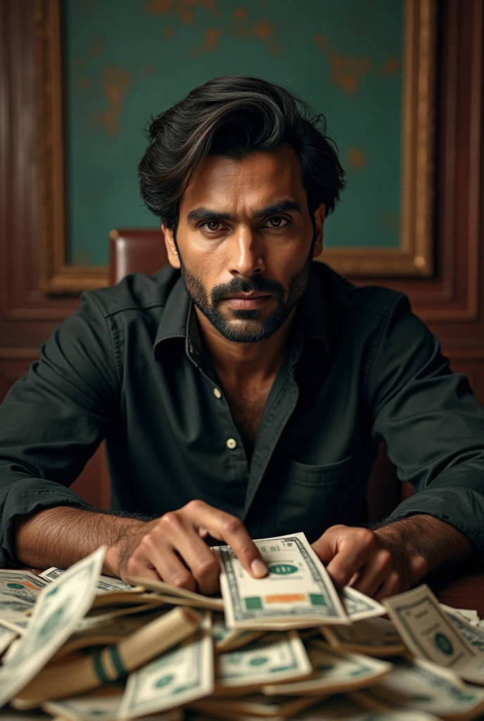 Write artist and a photo of sahid kapoor to farzi season 1 with money and background is lot of money