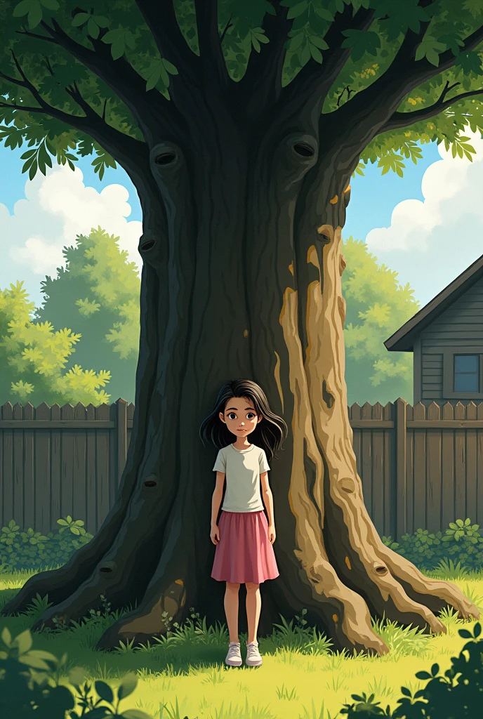 Girl trying to protect a tree from being cut down by her grandmother