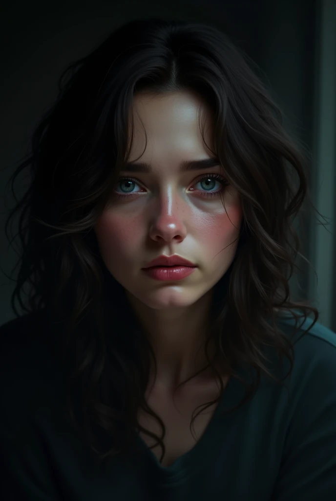 woman with dark brown wavy hair, blue eyes looking at someone while crying and smiling forcedly, dark atmosphere 