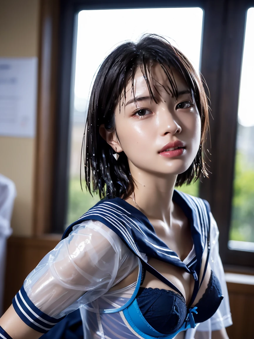 masterpiece:1.2, Very detailed, Ultra-high resolution, Realistic, photo Realistic:1.6, High-resolution RAW color photos, Professional photos, Sharp focus:1.2, Very detailed顔と肌の質感, Very beautiful eyes, Glossのある肌, Glowing Skin, Glowing Skin, Shining Face, Gloss, Oily skin, greasy face, Oily skin, greasy face,, real Glossのある肌 texture, Perfect Anatomy, Very detailed背景,(High school classroom at night),1 female,25-year-old woman, Japanese women,short hair, Straight hair, bangs, Brown Hair,((Flat Chest:1.6)), (White short-sleeved sailor suit),((A wet and very transparent sailor uniform:1.5)),((Bra in sailor suit:1.8)),Earrings、Smiling faintly