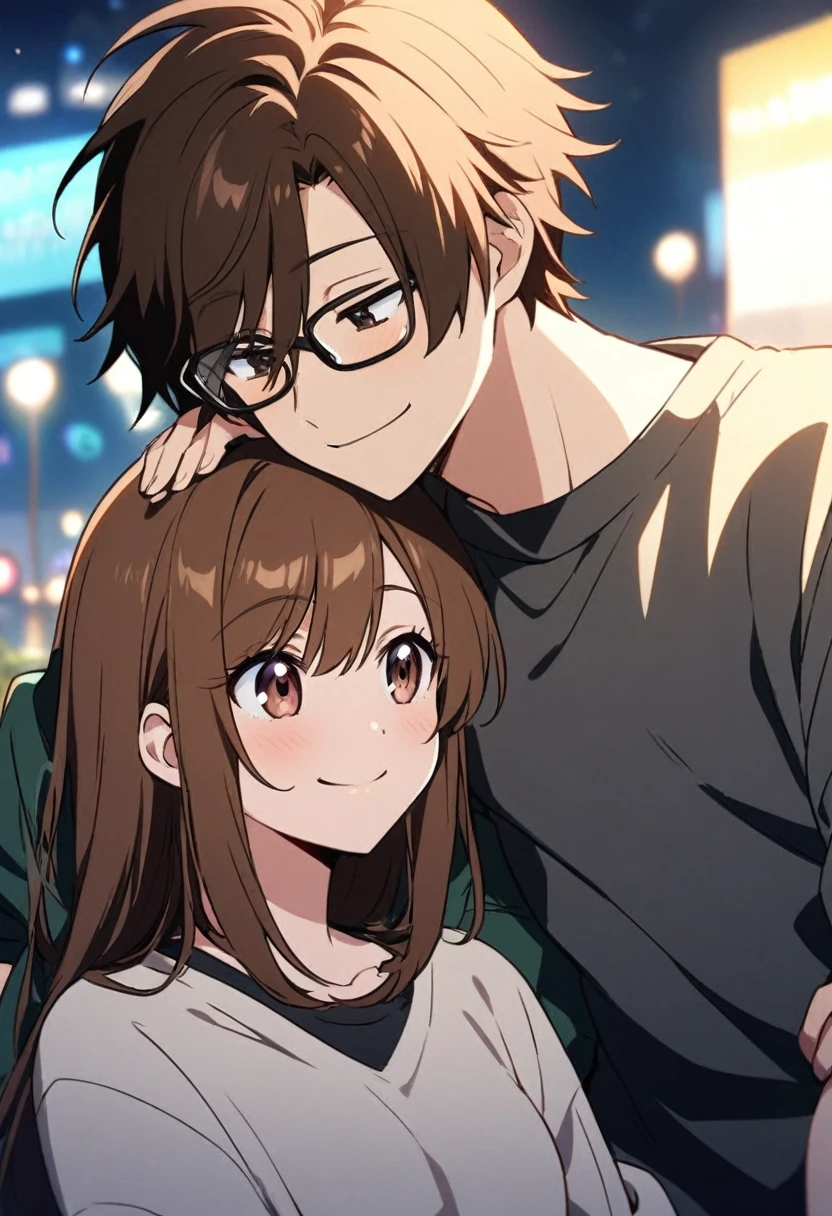 anime, two people, one beautiful female with long brown hair and no glasses, the other person is a male with short dark brown hair and black rimmed glasses, they are boyfriend and girlfriend, both smiling