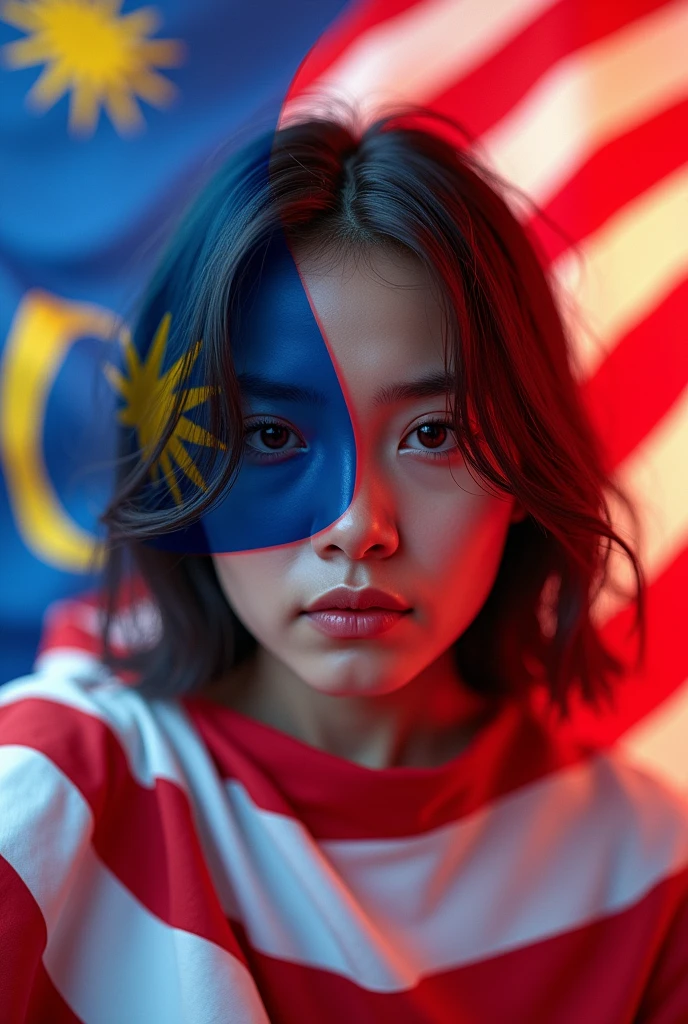 3d malaysian flag logo,repeated pattern,highly detailed,vibrant colors,realistic lighting,masterpiece,(best quality,4k,8k,highres,masterpiece:1.2),ultra-detailed,(realistic,photorealistic,photo-realistic:1.37),photorealistic,3D render,canvas,dynamic composition,studio lighting,physically-based rendering,extreme detail description,professional,vivid colors,bokeh. Human face underneath" perfect Malaysia flag"
