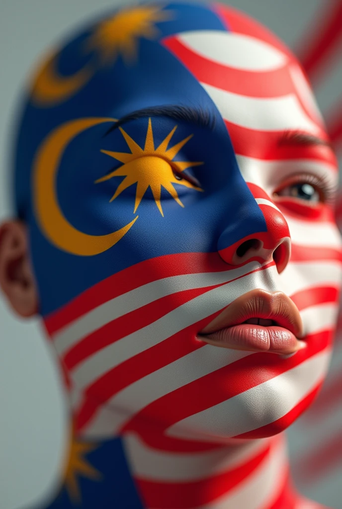 3d malaysian flag logo,repeated pattern,highly detailed,vibrant colors,realistic lighting,masterpiece,(best quality,4k,8k,highres,masterpiece:1.2),ultra-detailed,(realistic,photorealistic,photo-realistic:1.37),photorealistic,3D render,canvas,dynamic composition,studio lighting,physically-based rendering,extreme detail description,professional,vivid colors,bokeh. Human face underneath" perfect Malaysia flag"