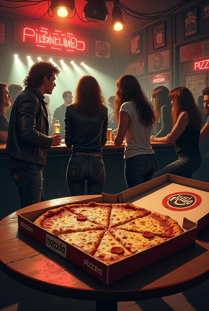 Estilo Hard Rock anos 80's. A rock pub, a table in front with a half-open mozzarella pizza box, missing slices and runny cheese. On the lid of the pizza box there is a logo with the name: "pizzIA".