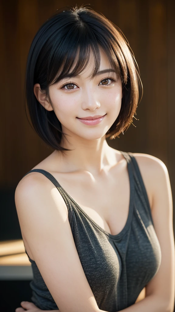 8k, high quality, Realistic Photographic Images, , Japanese women, Neat, small, Natural and realistic eyes, Beautiful black hair, short hair, light makeup, Octane Rendering, Beautiful lighting, Golden ratio composition, smile, Casual wear, Casual clothing, Natural background, Blurred Background , freckle face　, breast enhancement