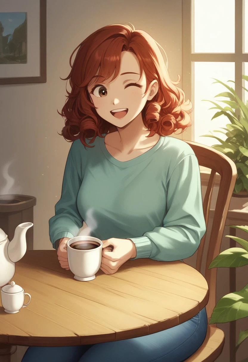 - Scene: A cozy café with a warm atmosphere, where **three** people—**two women and one man**—are interacting together.

- Character A (Woman):
  - Hair: Long, straight, jet-black hair
  - Eyes: Dark brown
  - Outfit: Light blue blouse and black skirt
  - Expression: Friendly smile
  - Action: Sitting at the table, holding a cup of coffee

- Character B (Woman):
  - Hair: Shoulder-length, curly, auburn
  - Eyes: Green
  - Outfit: White sweater and jeans
  - Expression: Laughing warmly
  - Action: Leaning slightly towards Character C, engaged in conversation

- **Character C (Man)**:
  - **Hair: Short, neatly styled, dark brown**
  - **Eyes: Blue**
  - **Outfit: Casual button-up shirt and khaki pants**
  - **Expression: Relaxed, slightly smiling**
  - **Action: Sitting across from Character A, with his hands resting on the table**

- Background:
  - Cozy café with wooden furniture, soft lighting, and a few plants. The table they are sitting at has a teapot and cups.

- Positioning:
  - **Ensure that the man (Character C) is clearly visible and interacting with both women (Character A and B).**
  - **All three characters (A, B, and C) must be fully visible and interacting with each other within the same frame.**
  - **Character C should not be hidden, obscured, or placed in the background.**