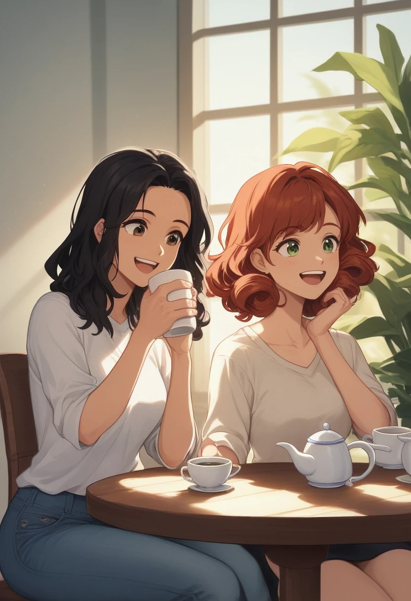 - Scene: A cozy café with a warm atmosphere, where **three** people—**two women and one man**—are interacting together.
- Character A (Woman):
- Hair: Long, straight, jet-black hair
- Eyes: Dark brown
- Outfit: Light blue blouse and black skirt
- Expression: Friendly smile
- Action: Sitting at the table, holding a cup of coffee
- Character B (Woman):
- Hair: Shoulder-length, curly, auburn
- Eyes: Green
- Outfit: White sweater and jeans
- Expression: Laughing warmly
- Action: Leaning slightly towards Character C, engaged in conversation
- **Character C (Man)**:
- **Hair: Short, neatly styled, dark brown**
- **Eyes: Blue**
- **Outfit: Casual button-up shirt and khaki pants**
- **Expression: Relaxed, slightly smiling**
- **Action: Sitting across from Character A, with his hands resting on the table**
- Background:
- Cozy café with wooden furniture, soft lighting, and a few plants. The table they are sitting at has a teapot and cups.
- Positioning:
- **Ensure that the man (Character C) is clearly visible and interacting with both women (Character A and B).**
- **All three characters (A, B, and C) must be fully visible and interacting with each other within the same frame.**
- **Character C should not be hidden, obscured, or placed in the background.**
