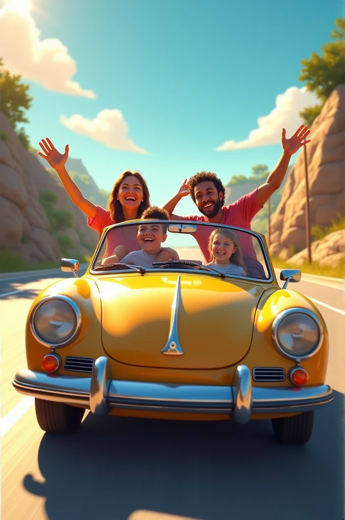 Take me a picture of some happy people in a car