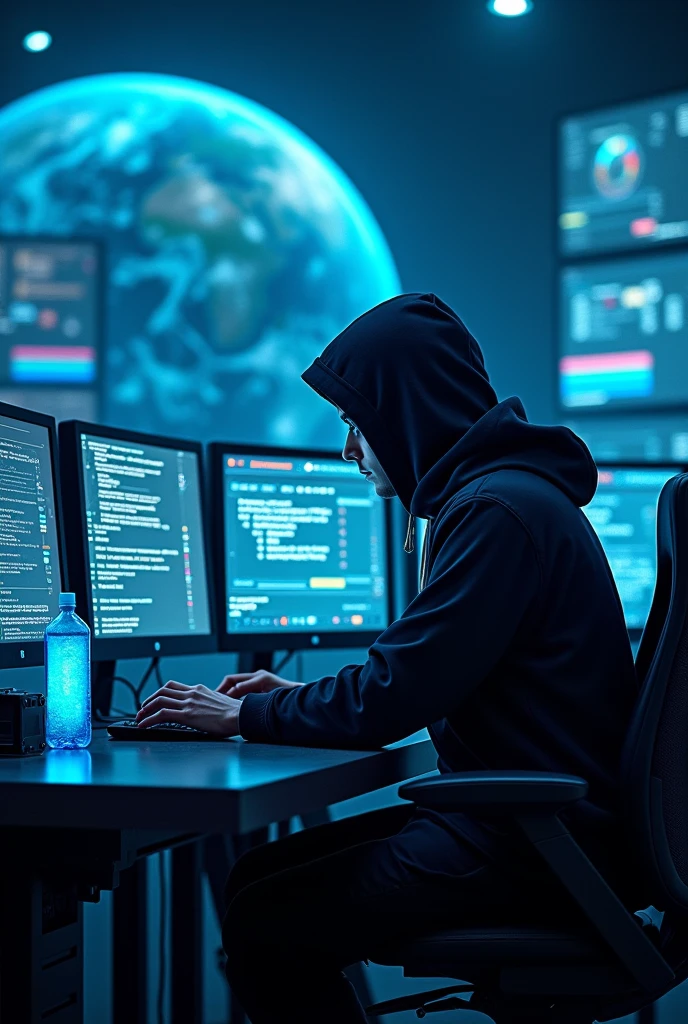Hacker saving the Earth with blue laundry detergent