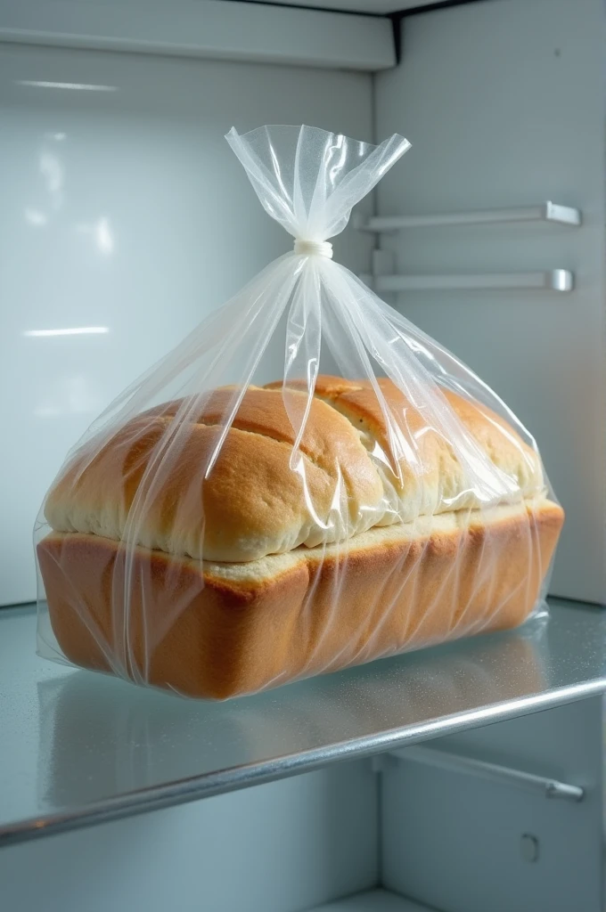 Image of a loaf of bread in a plastic bag that was in the refrigerator for 10 days 