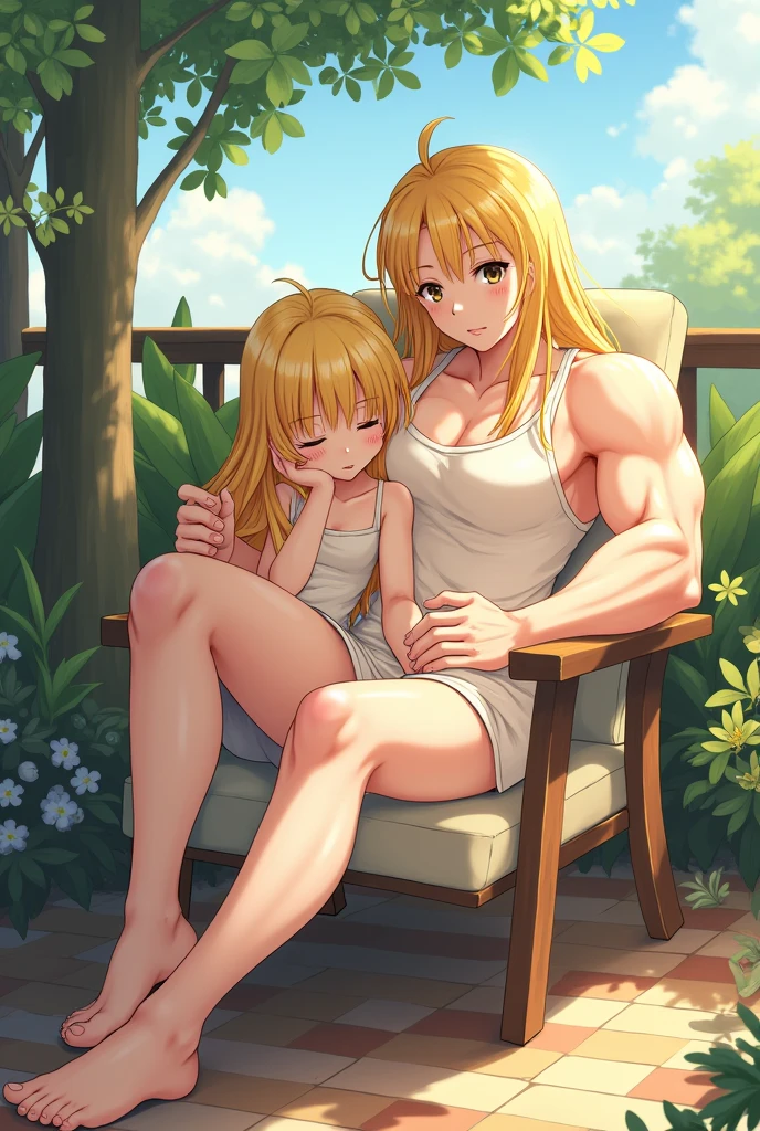 Anime image with blonde hair and sitting on a terrace chair and accompanied by a muscular man