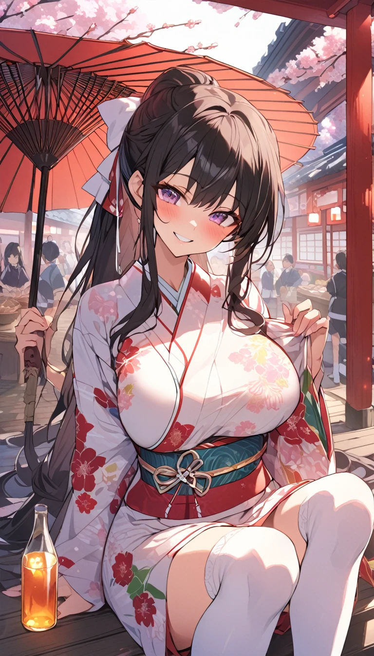 25yo woman, hime cut, black hair, long hair, erotic kimono, loose kimono, deep cleavage, huge breast, thicc thigh, drunk, Japanese festival view, night time, clear view