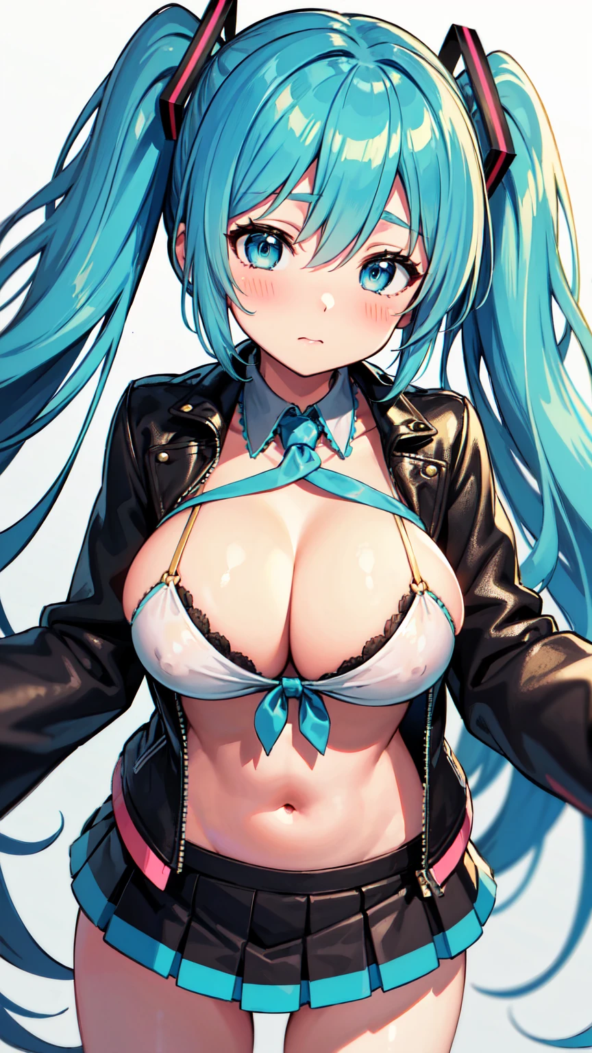 (((masterpiece))), Highest quality, Very detailed, blush, Cute and playful, Huge, leather jacket,Hatsune Miku Vocaloid, Twin tails, Light blue hair, Fluffy Hairstyles, Elastic breasts, Heartwarming eyes, Gentle expression, belly button, Dynamic and cute pose