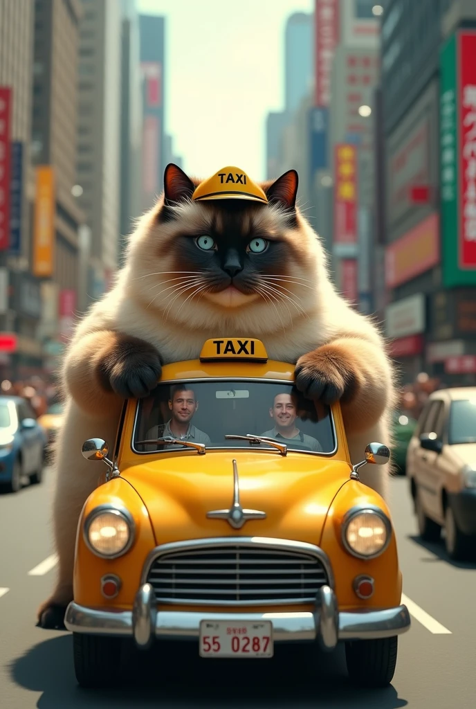 photorealistic, 8k, a giant siamese fat cat driving a small taxi, passengers in the back seat, navigating through city streets, wearing a tiny driver's cap, intricate details, hyper realistic, highly detailed, dynamic lighting, cinematic composition, vibrant colors, cute and whimsical, magical realism
