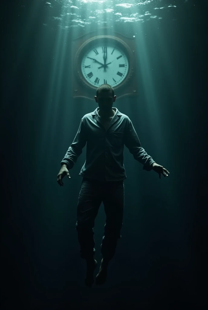 Silhouette of man in pajamas sinking to the bottom of the water with an old, broken clock in the background 
