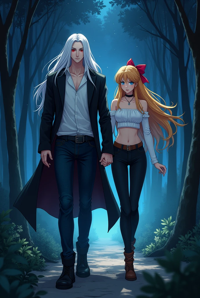 Man with long white hair,Red eyes,camisa blaca,long black jacket,dark blue denim jeans,black boots next to a woman with long yellow hair tied with a red ribbon,blue eyes,white cropped sleeveless t-shirt,black pants stuck to his legs,Brown boots,walking together through a forest at night(with the woman romantically holding on to the man's arm)(anime style)