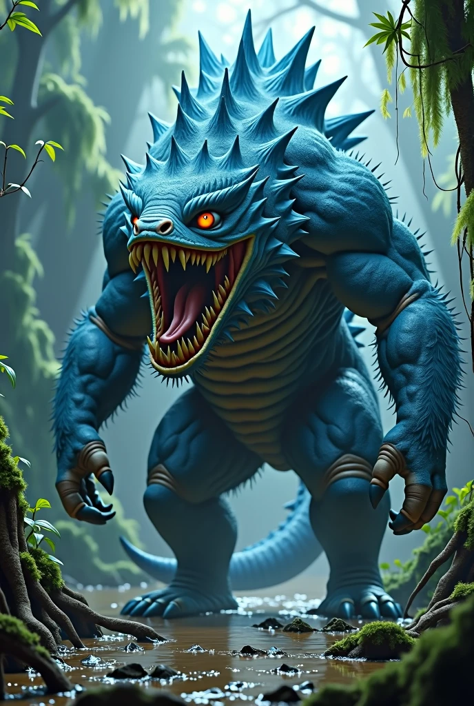 Its exterior is covered in bright blue fur.,Long tail,A fish walking through a muddy area, Scary fish, Terrifying sea monster, Terrifying creatures, Swamp monster, realistic creature concept, Aquatic organisms, Murloc, Evil among monsters,