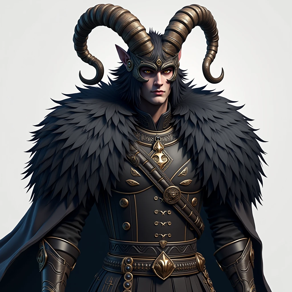 3D illustration of a man dressed in a costume with horns and a goat head, final fantasy 14 style, wearing intricate fur armor, detailed face, black fur armor, ffxiv, an epic majestical degen trader, final fantasy xiv, ffxiv heavensward, final fantasy 14 sharp, final fantasy 1 4 screenshot, black aarakocra eagle warlord, anime style, super detailed