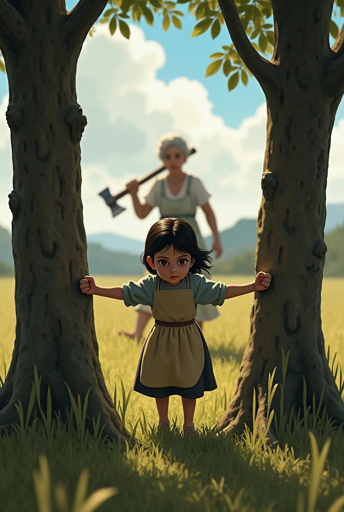 Girl trying to protect two trees from being cut down by her grandmother
