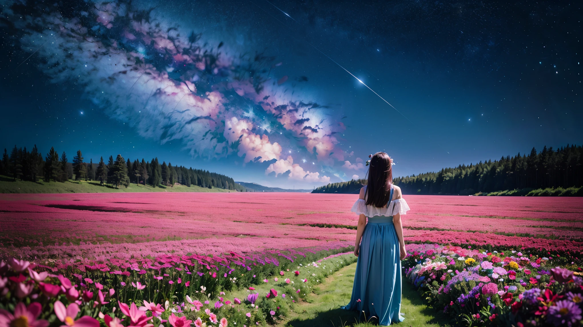 There is a girl Standing in a flower field looking up at the sky, a girl Standing in a flower field, Girl walking in a flower field, I was lost in a dream-like wonderland, Standing in a flower field, Amazing digital painting, The sky gradually cleared, The starry sky is gradually々moving away from