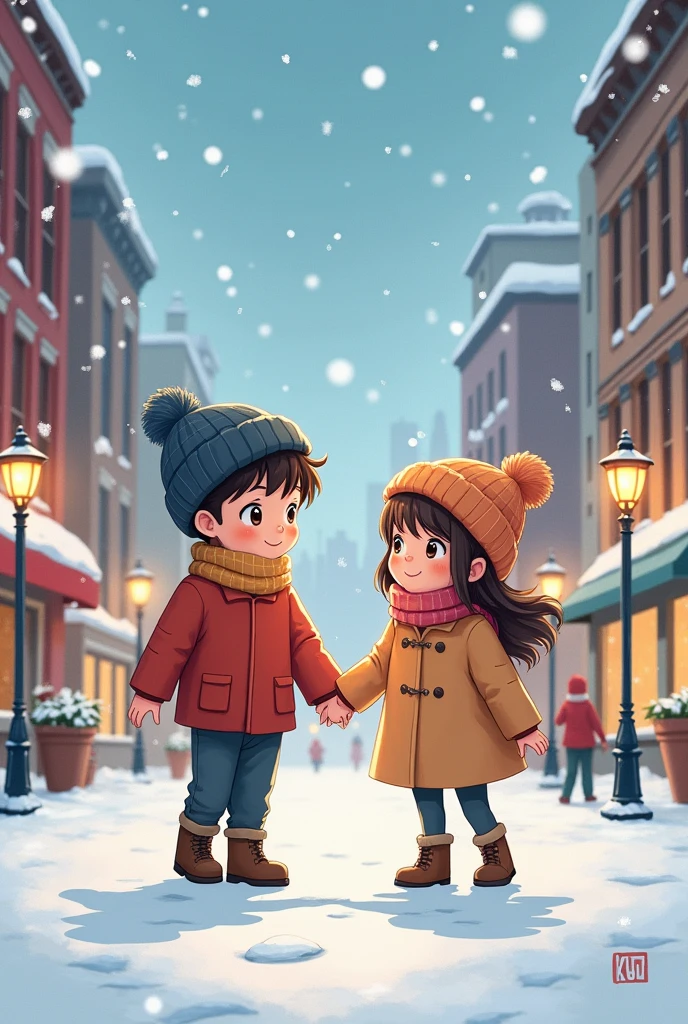 Picture of a boy and a girl holding hands, anime, two children, different colors, winter clothes, city 

