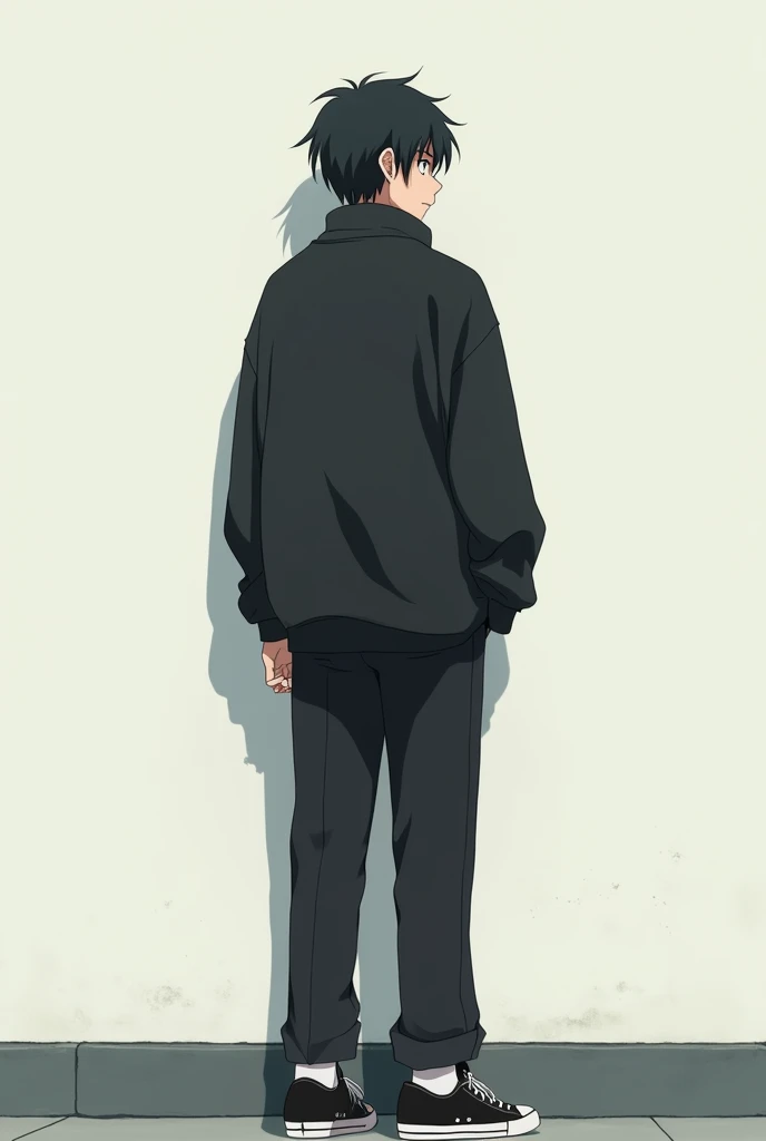 The image is an anime-style masterpiece from Studio Ghibli, very detailed, although somewhat gloomy and very adult, A 20-year-old man appears in it. He is standing in front of a white wall, He is seen almost turned on his back, He has medium-long hair and black eyes.. He appears serious and calculating.. you wore an oversized black sweater and black pants. She also wears completely black sneakers without details