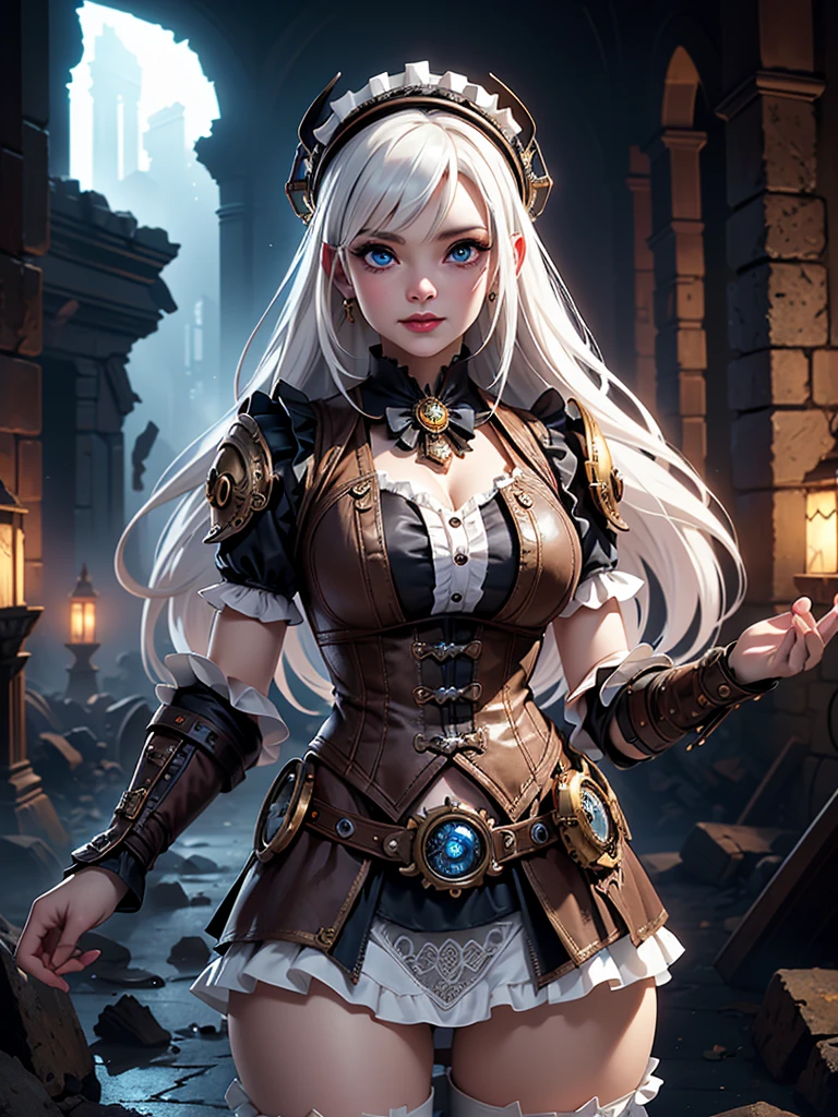 in the context of a fantastic steampunk city, (white lolita steampunk mini skirt :1.4) ,(miniskirt white Lolita sexy :1.4),(long white gray hair :1.4), expressive eyes, perfect face, dynamic scene, dynamic light, high quality, Digital paint, golden ratio, awarded, professional, Very detailed, Intricate, volumetric lighting, gorgeous, masterpiece, Sharp focus, depth of field, unreal engine, perfect composition, Digital art on Pixiv, art station, 32K, HdR, ,(Ruined dungeon ruins background:1.4 ), More detailed 8K.unreal engine:1.4,HD,La Best Quality:1.4, photorealistic:1.4, skin texture:1.4, masterpiece:1.8,masterpiece, Best Quality,object object], (detailed facial features:1.3),(The correct proportions),(Beautiful blue eyes),  (cowboy pose), (showing panties :1.4) 
