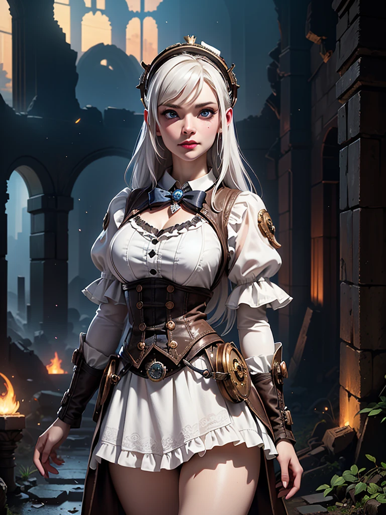in the context of a fantastic steampunk city, (white lolita steampunk mini skirt :1.4) ,(miniskirt white Lolita sexy :1.4),(long white gray hair :1.4), expressive eyes, perfect face, dynamic scene, dynamic light, high quality, Digital paint, golden ratio, awarded, professional, Very detailed, Intricate, volumetric lighting, gorgeous, masterpiece, Sharp focus, depth of field, unreal engine, perfect composition, Digital art on Pixiv, art station, 32K, HdR, ,(Ruined dungeon ruins background:1.4 ), More detailed 8K.unreal engine:1.4,HD,La Best Quality:1.4, photorealistic:1.4, skin texture:1.4, masterpiece:1.8,masterpiece, Best Quality,object object], (detailed facial features:1.3),(The correct proportions),(Beautiful blue eyes),  (cowboy pose), (showing panties :1.4) 