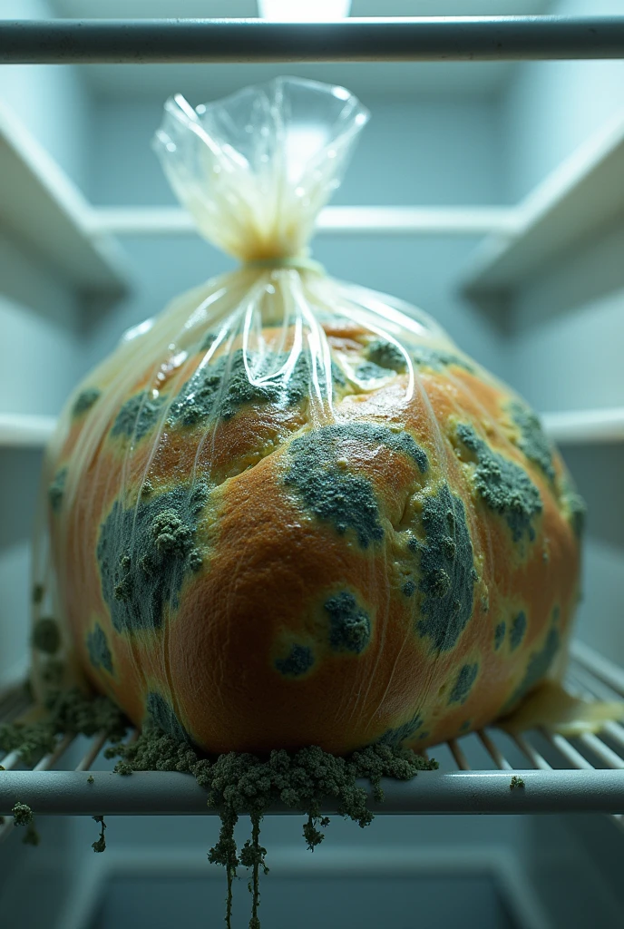 Image of a loaf of bread in a plastic bag that was left rotting in the refrigerator for 10 days