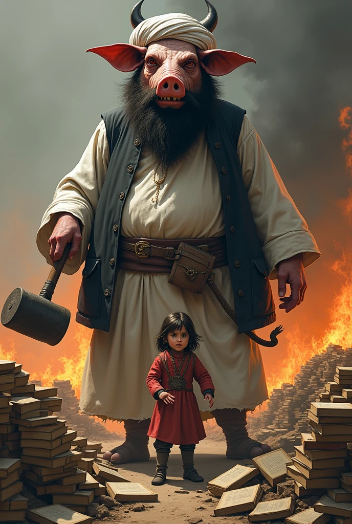 Afghan Taliban leader having dirty pig face, big red eyes, donkey teeth, very angry,big bearded, big bull belly and horn, big donkey tail, white afghan dress, white big afghan turban and black waist coat, dirty shoes, big hammer in hand, laughing very loudly  is burning a very huge pile of big books. A girl in traditional afghan dress, traumatised, painful, depressed and crying is snatching books to study, open book in hand.