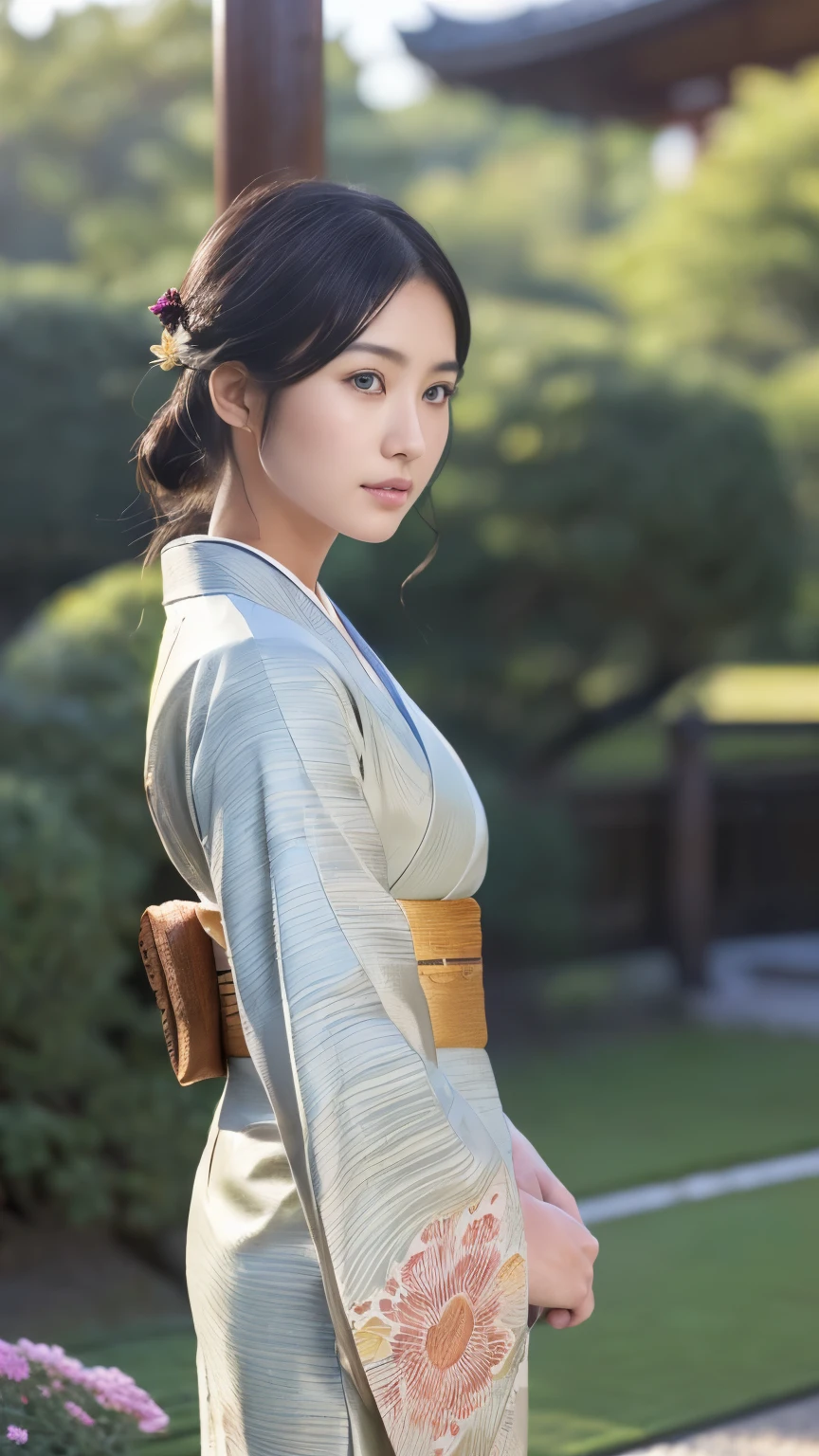 Front view , ((Full-body, standing on garden), a Japanese ancient girl, looking at viewer, girl is 20 years old, (Highly detailed face, Black hair ,Brown eye, Variegated eyes, Fuller lips, little Lips, serious), (middle breasts, middle hip), (Japanese beautiful, kimono, below flower pattern), standing in Japanese Palace, night, sunset , ((Surrealism, Verism, UHD, retina, masterpiece, anatomically correct, accurate, textured skin, super detail, high details, high quality, best quality, highres, 8k))
