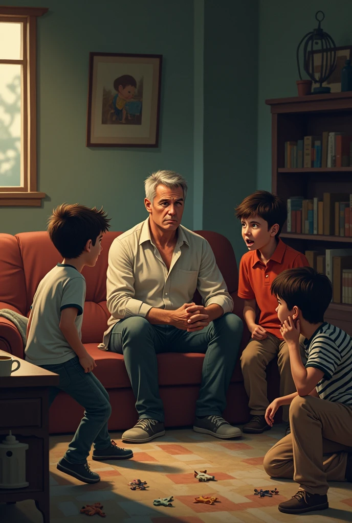 A man sitting with his three sons, looking worried and frustrated as they fight with each other